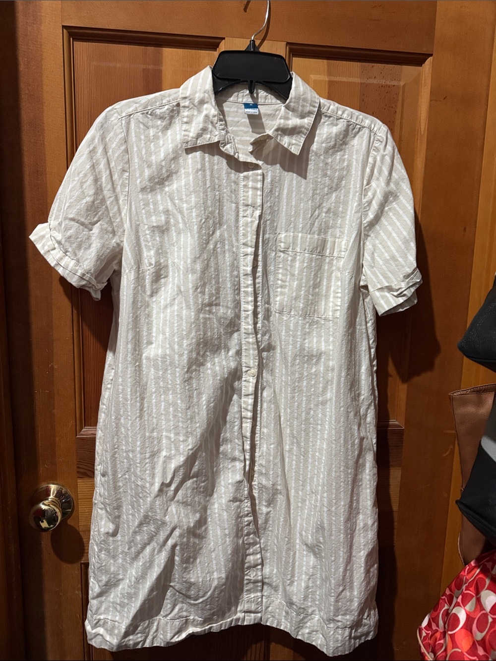 Old Navy Tan and White Striped Short-Sleeve Button Shirt Dress